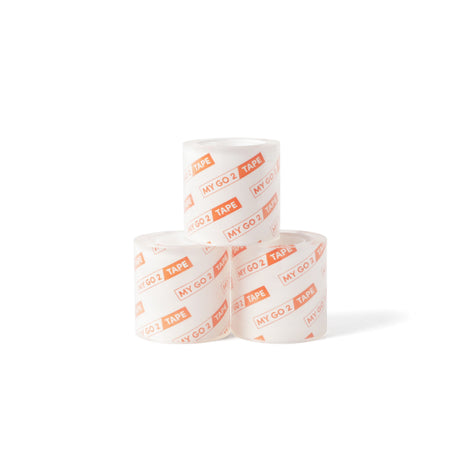 Three rolls of packing tape with two standing upright and  one on top. Convivence size rolls My Go 2 Tape